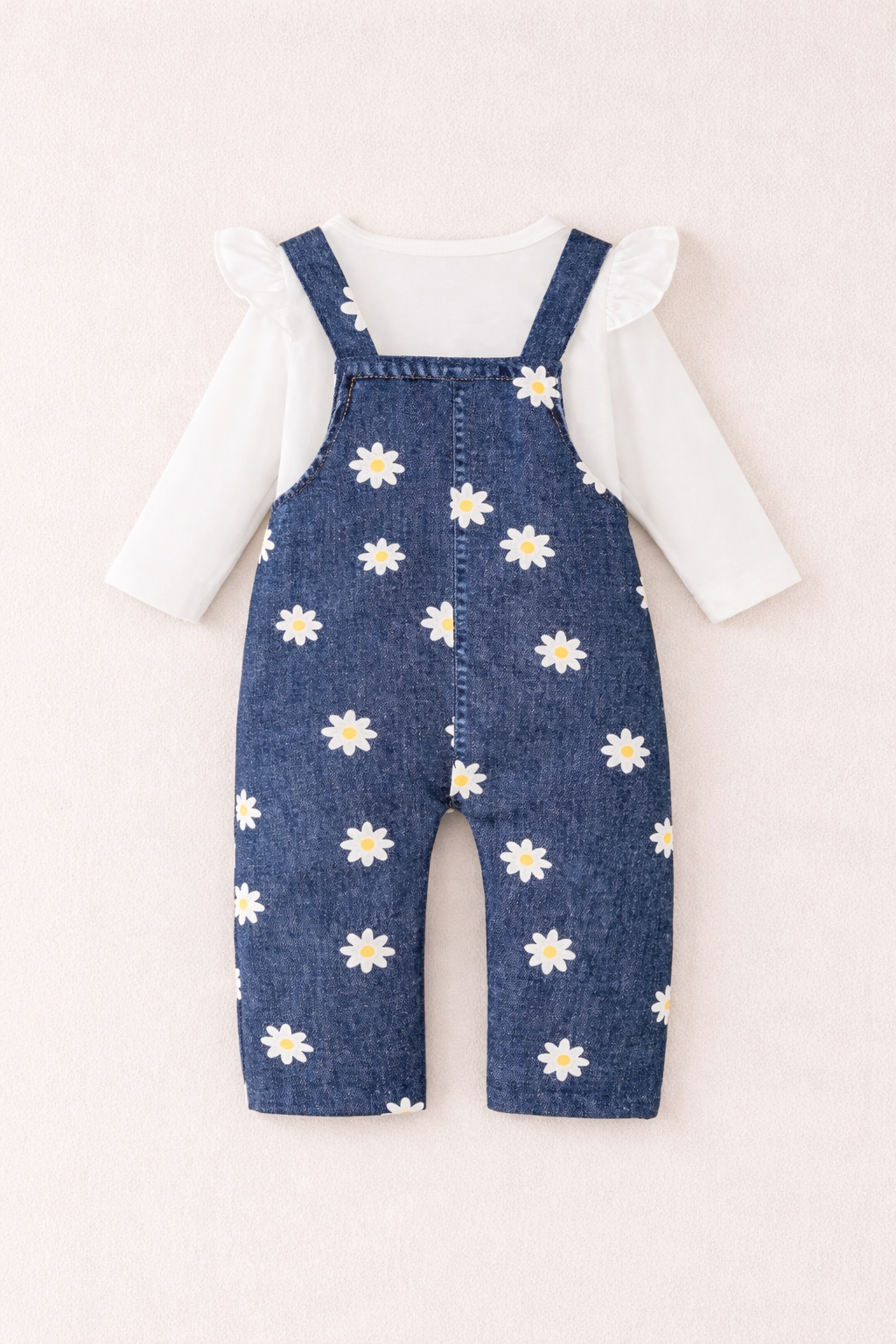 Daisy Print Denim Overalls & White Puff Sleeve Top Set