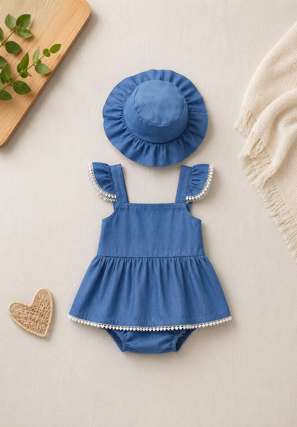 Bluebell Lace Trim Romper Set with Sun Hat