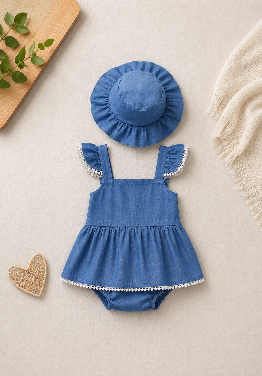 Bluebell Lace Trim Romper Set with Sun Hat