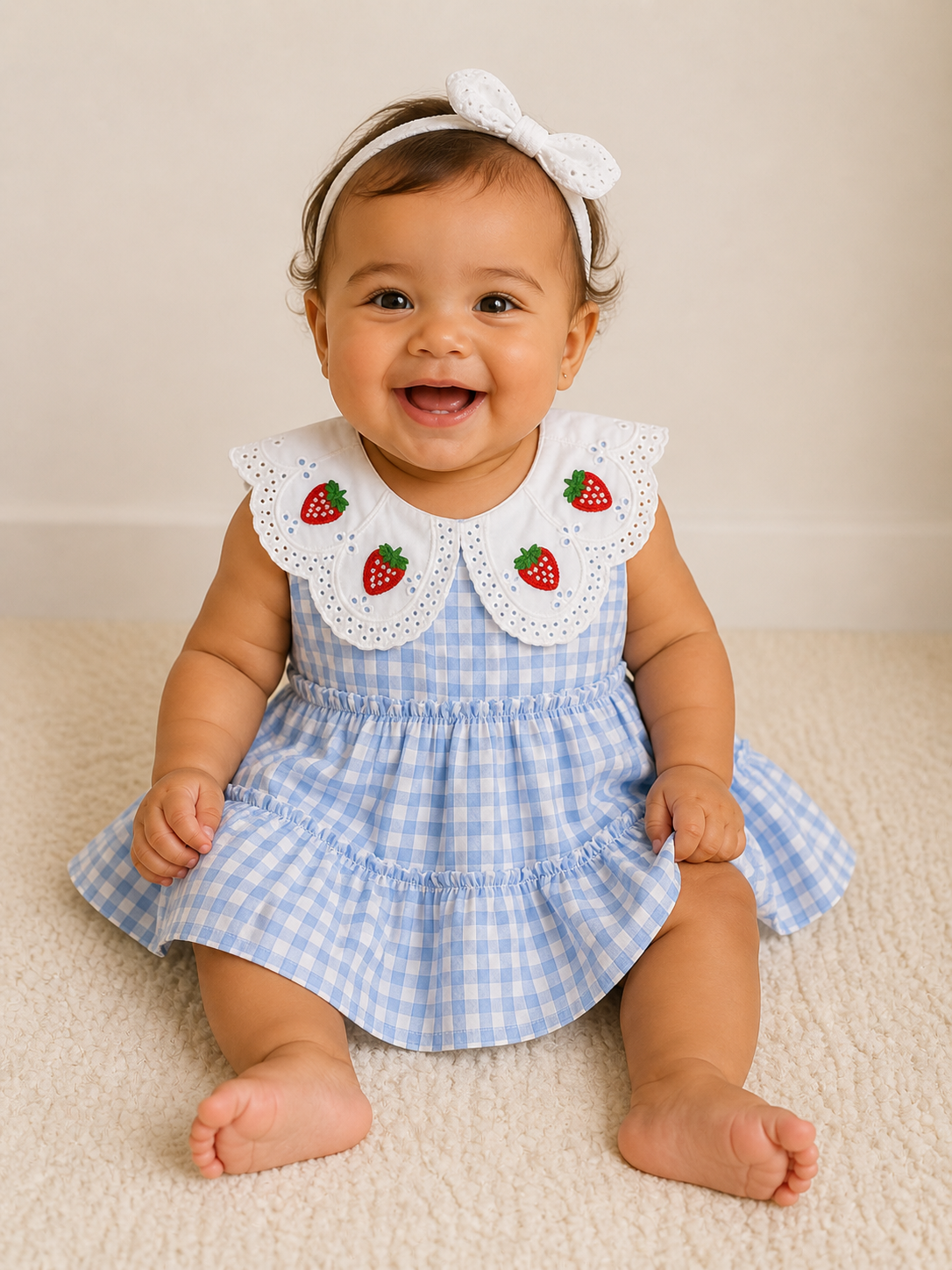 Strawberry Gingham Summer Dress - Blue