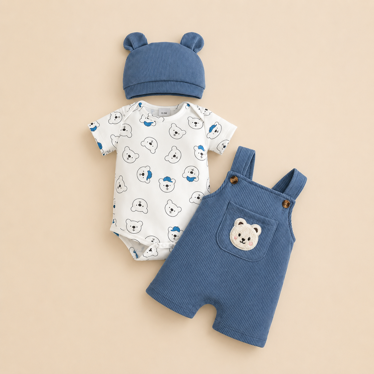 Little Bear Ribbed Dungaree Set – 3 Piece