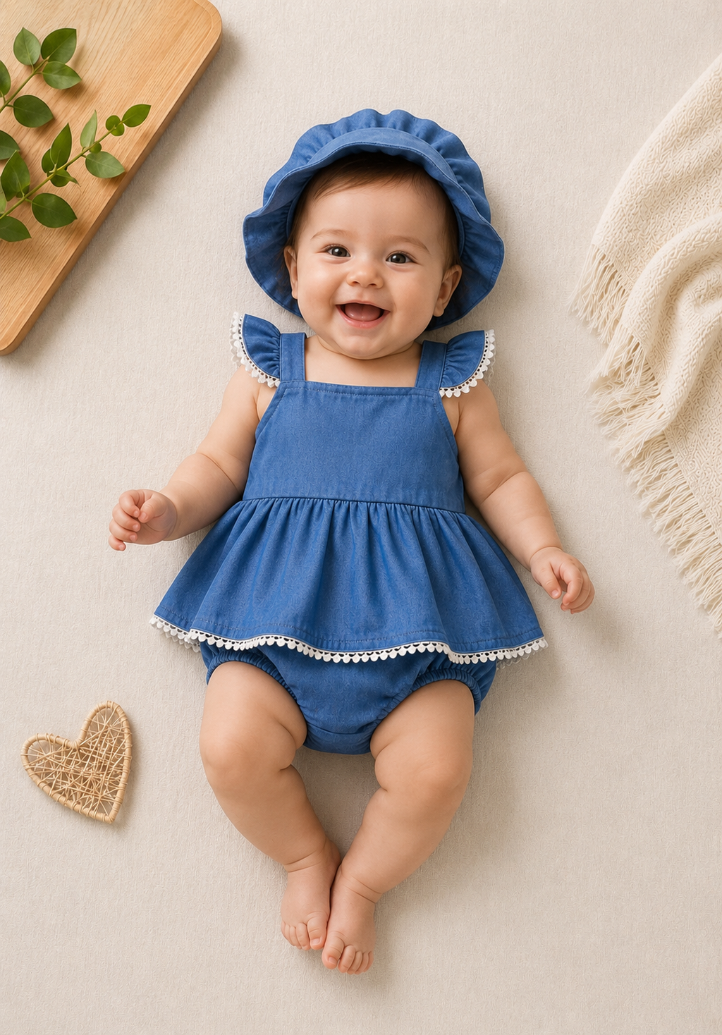 Bluebell Lace Trim Romper Set with Sun Hat