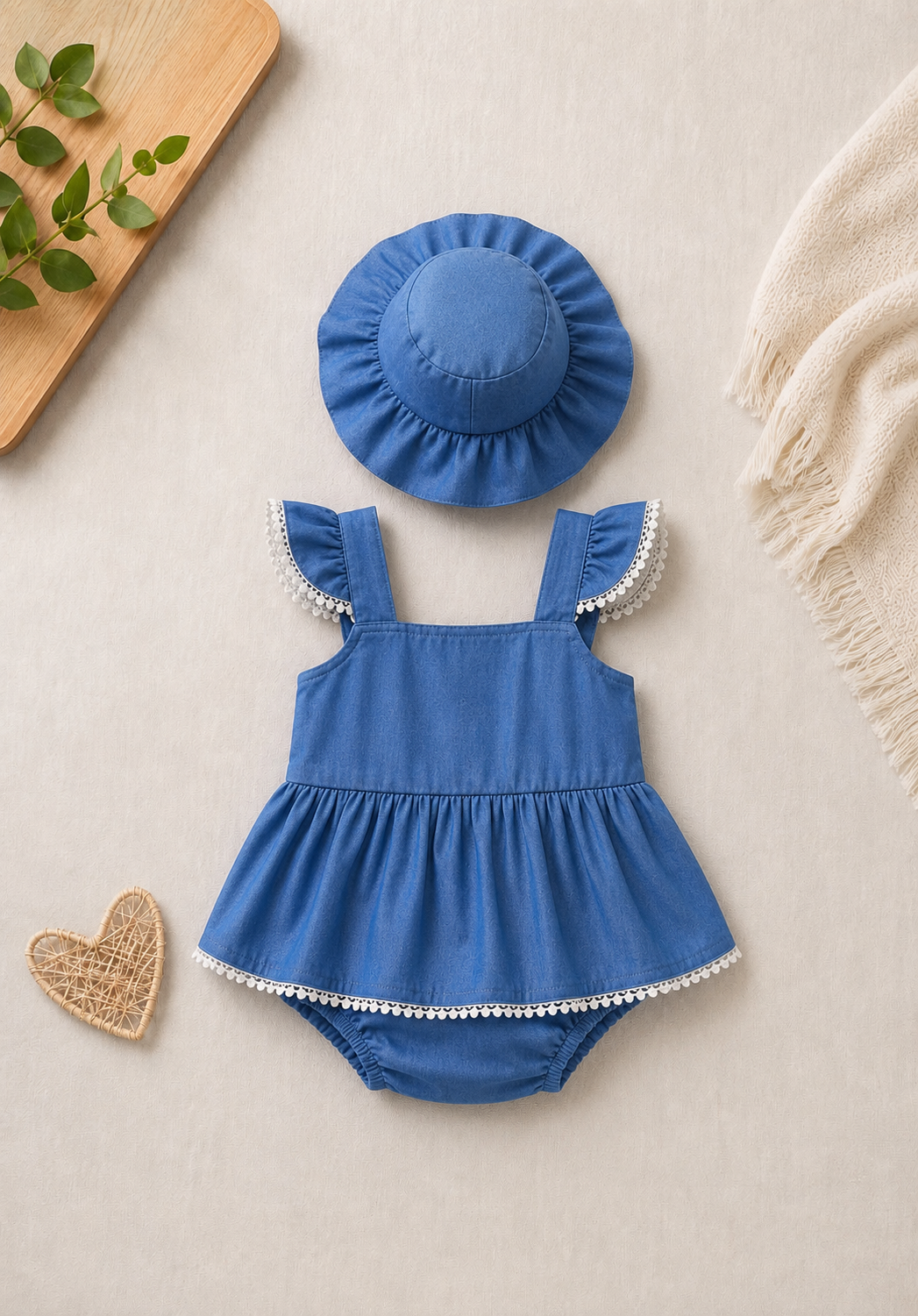 Bluebell Lace Trim Romper Set with Sun Hat