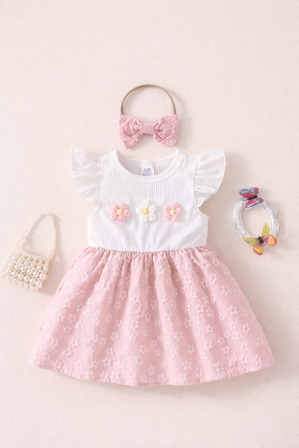 Floral Pink & White Dress with Bow Headband