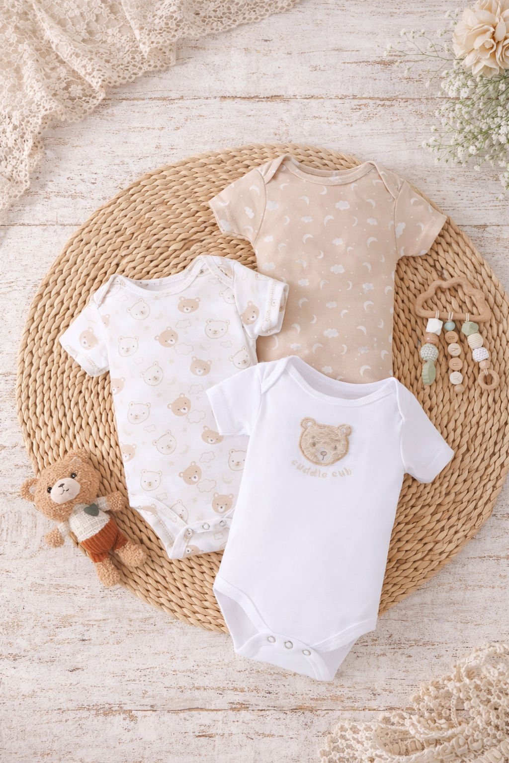 Neutral Bear Vest Set – Short Sleeve Onesies (Pack of 3)