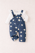 Daisy Print Denim Overalls & White Puff Sleeve Top Set