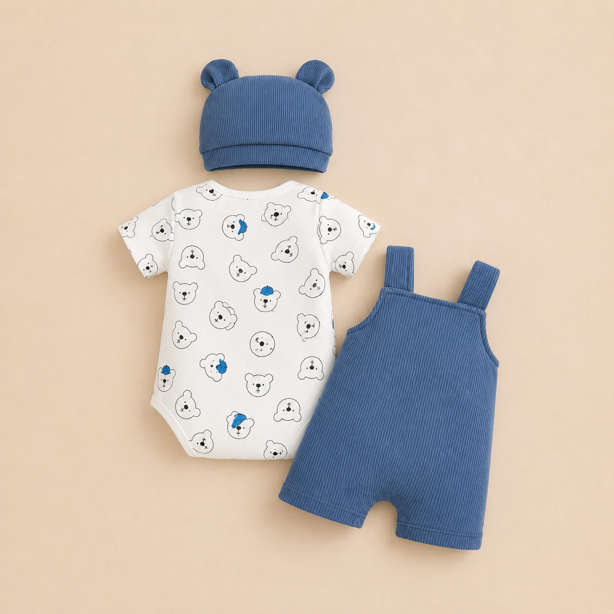 Little Bear Ribbed Dungaree Set – 3 Piece