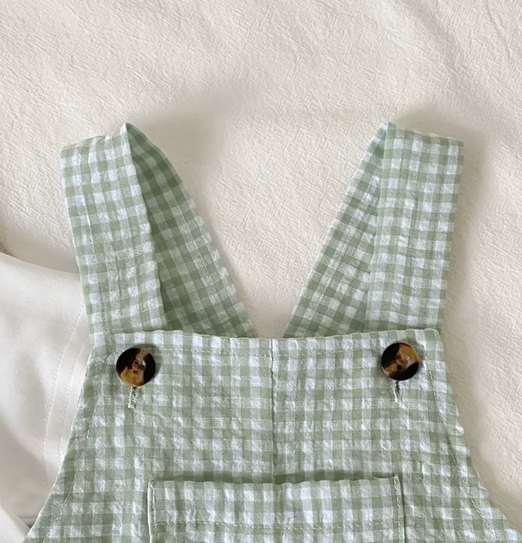 Green Gingham Bear Overalls Set