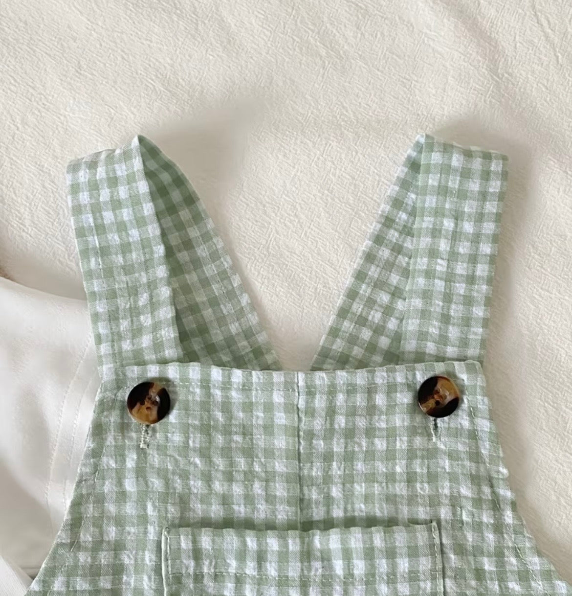 Green Gingham Bear Overalls Set