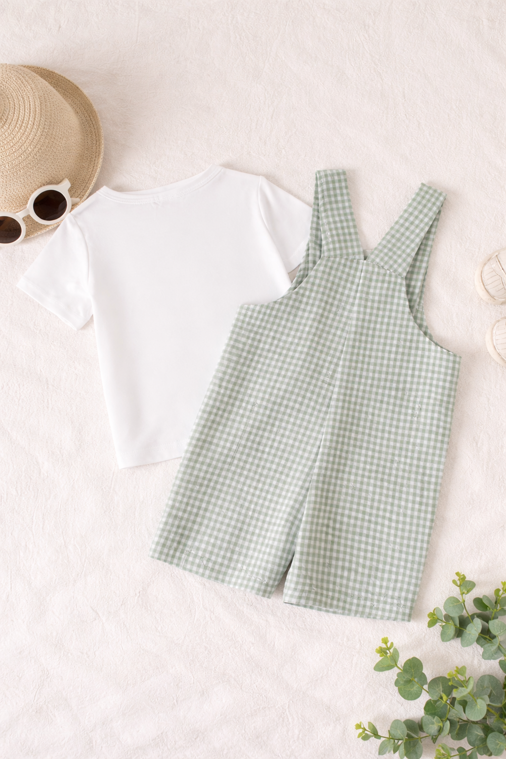 Green Gingham Bear Overalls Set