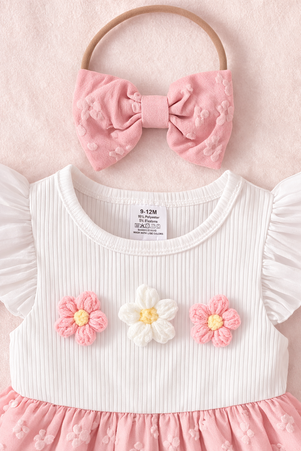 Floral Pink & White Dress with Bow Headband