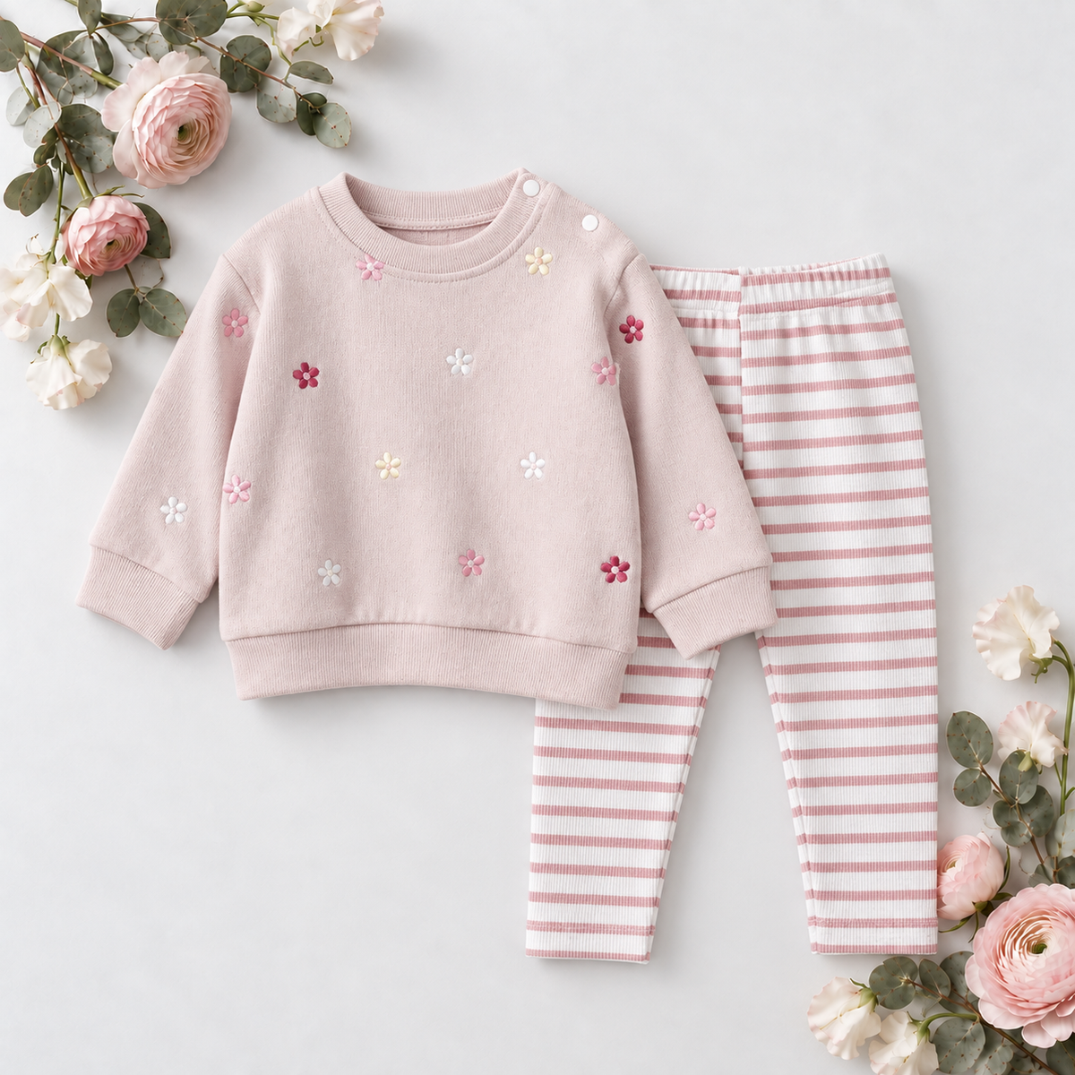 Pink Floral Sweatshirt & Striped Leggings Set