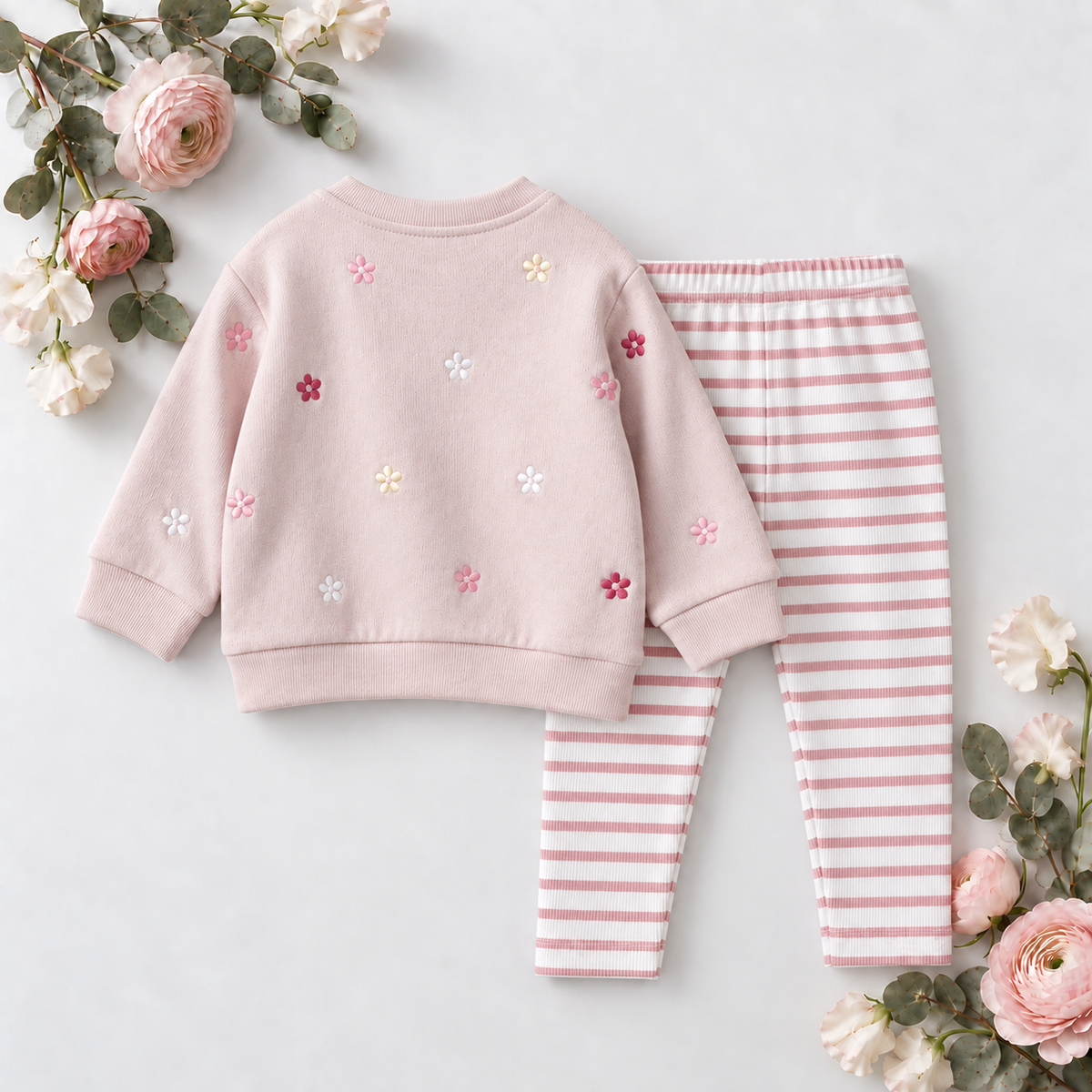 Pink Floral Sweatshirt & Striped Leggings Set