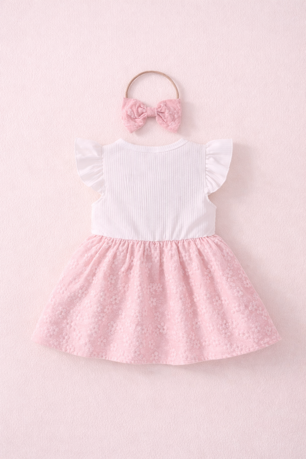Floral Pink & White Dress with Bow Headband