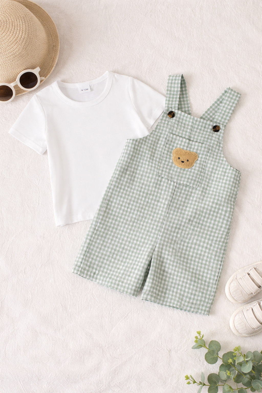 Green Gingham Bear Overalls Set