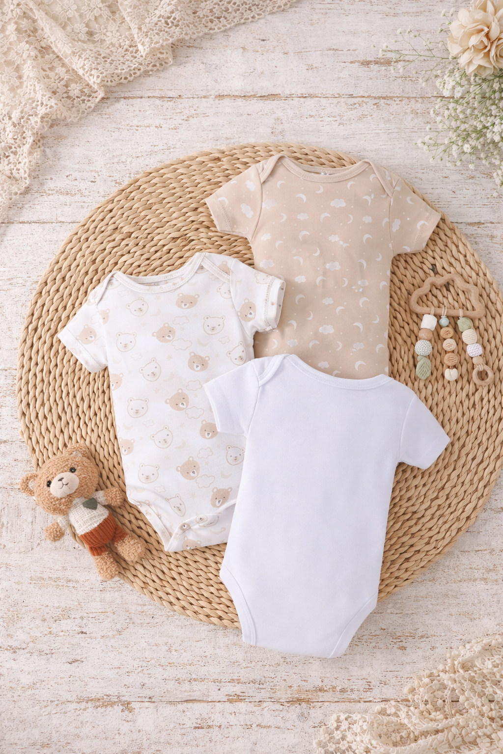 Neutral Bear Vest Set – Short Sleeve Onesies (Pack of 3)