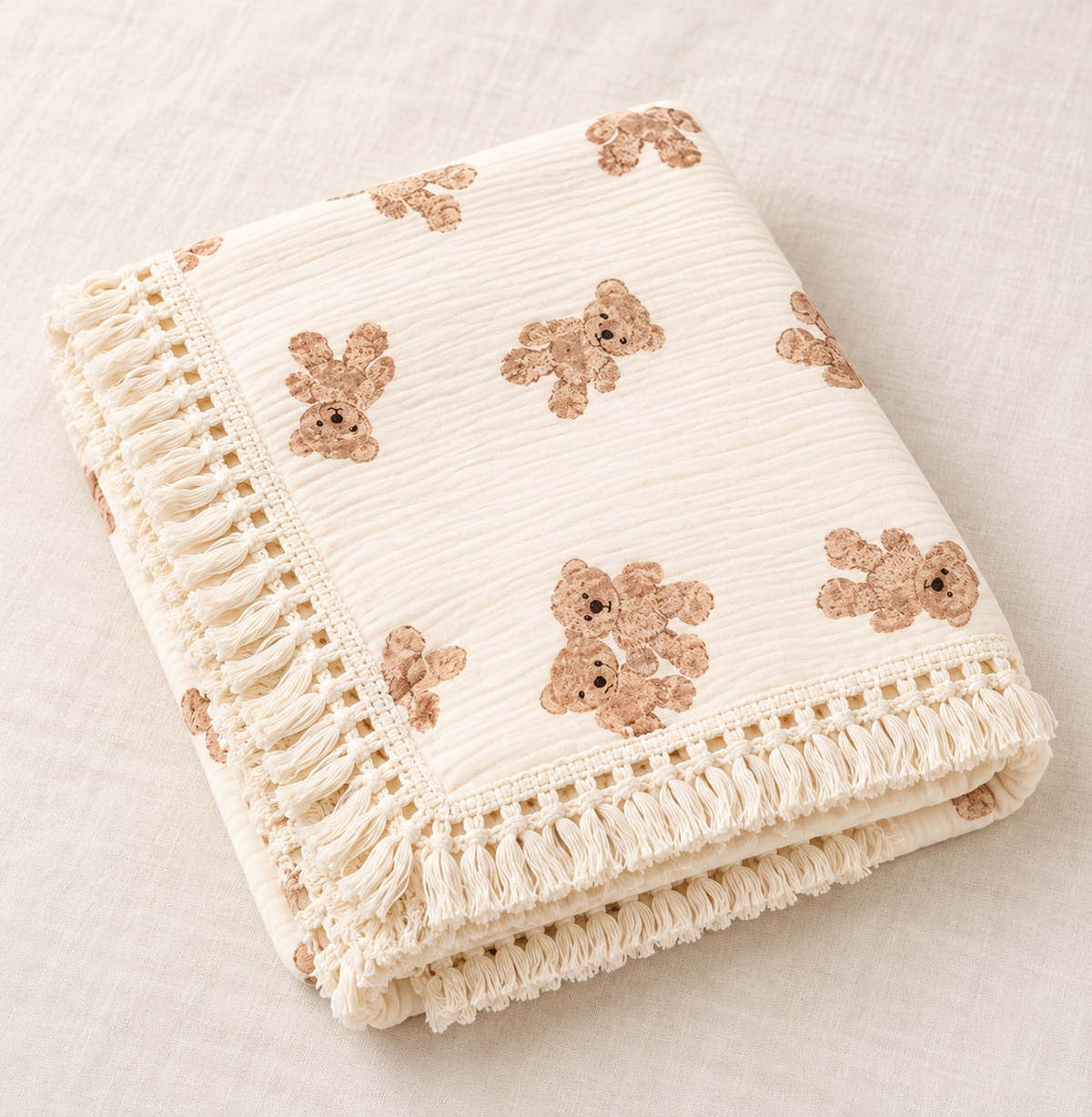Twin Bears Fringed Cotton Blanket