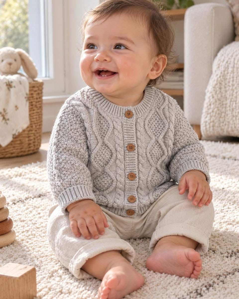 Grey Cable-Knit Cotton Cardigan