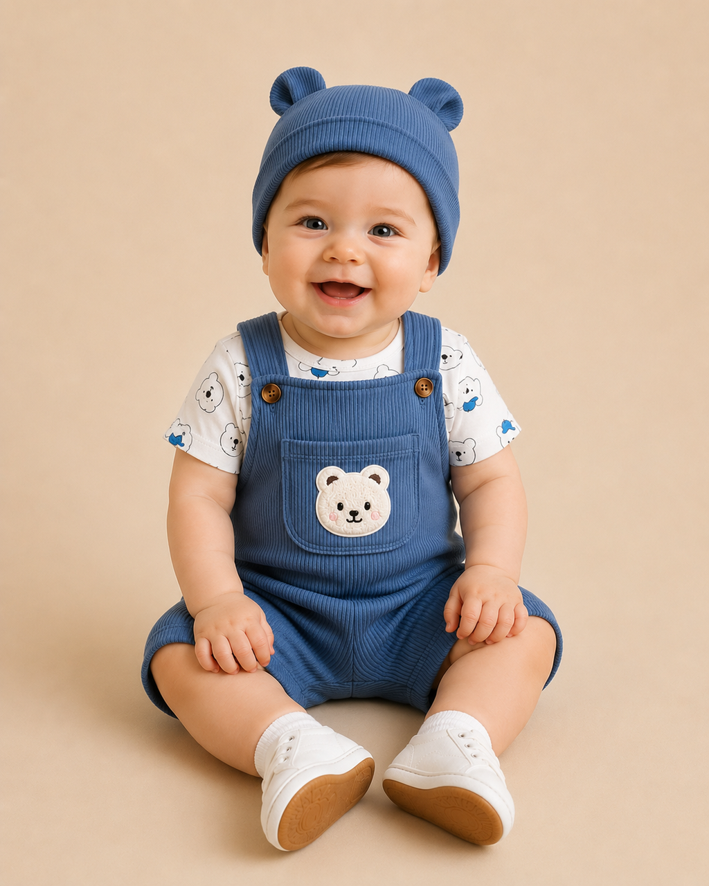 Little Bear Ribbed Dungaree Set – 3 Piece