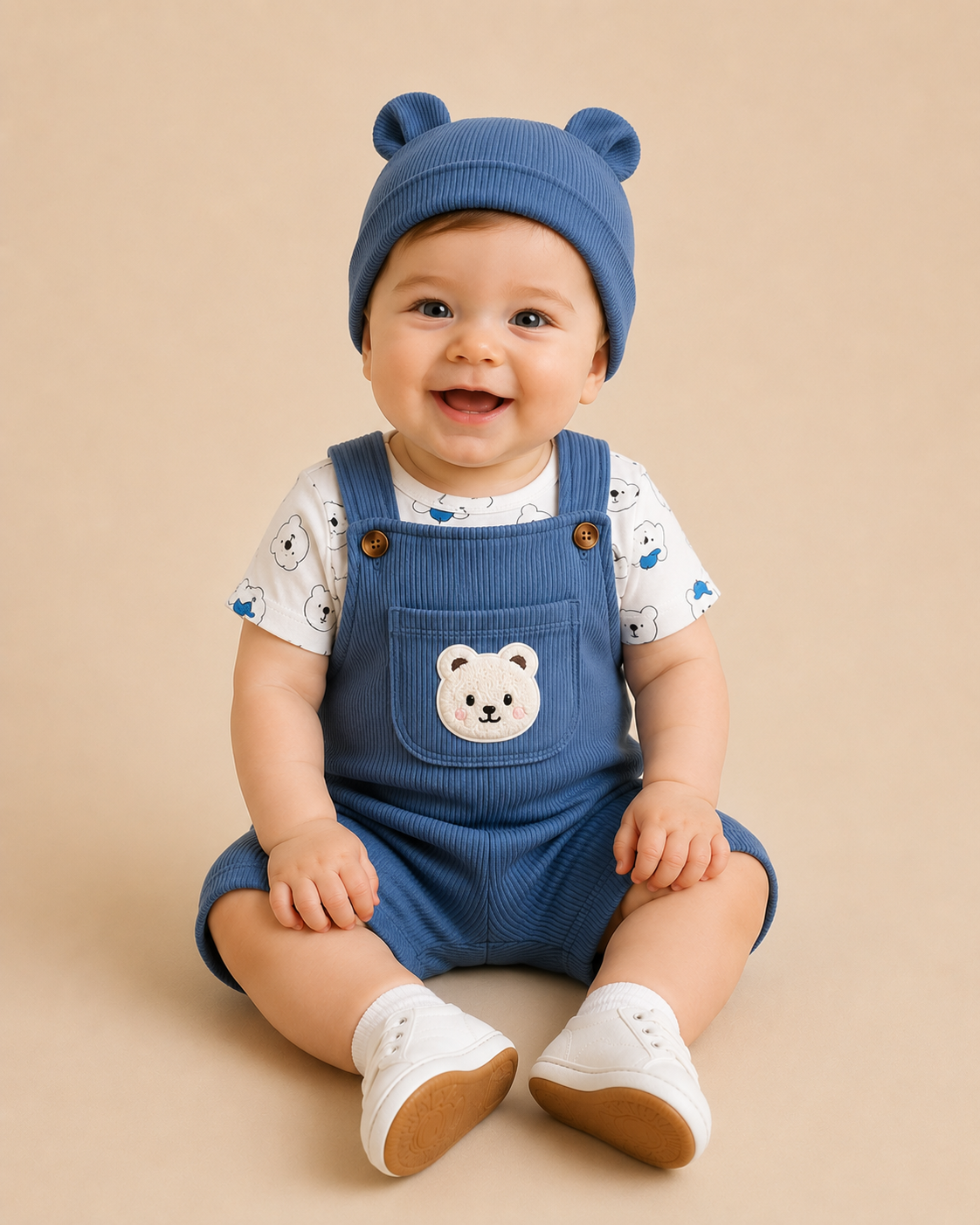Little Bear Ribbed Dungaree Set – 3 Piece